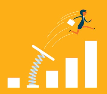 A cartoon image of a business woman being catapulted upward and forward.